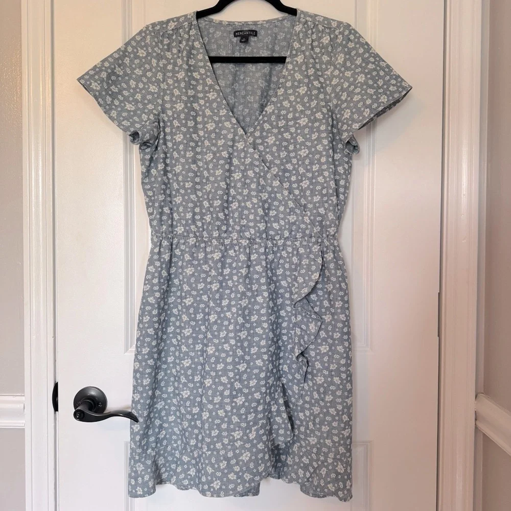 J. Crew Mercantile Blue Floral Flutter Sleeve Faux Wrap Small Dress